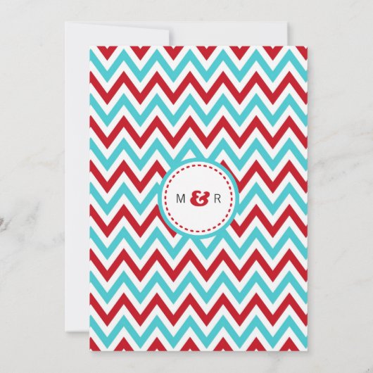 Modern Red en Aqua Chevron & Lovebird Wedding Kaart (Achterkant)