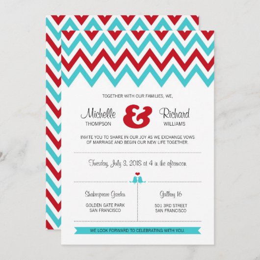 Modern Red en Aqua Chevron & Lovebird Wedding Kaart (Voorkant / Achterkant)