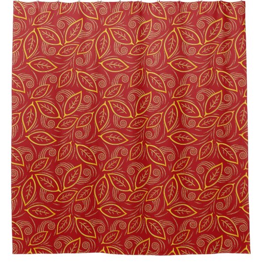 Modern Red en Gold Illustrated Leaves Pattern Sho Douchegordijn (Voorkant)