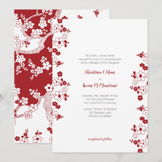 Modern Red en White Cherry Blossom Wedding Kaart (Voorkant / Achterkant)