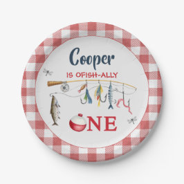 Modern Red Gingham Fishing 1st Birthday Papieren Bordje