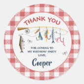 Modern Red Gingham Fishing Birthday Ronde Sticker (Voorkant)