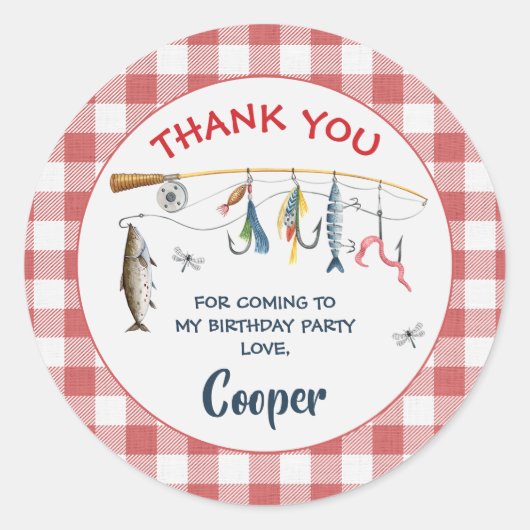 Modern Red Gingham Fishing Birthday Ronde Sticker (Voorkant)