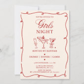 Modern Red Girls Night Dinner Party  Invitation (Devant)