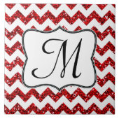 Modern Red Glitter Chevron Monogram Display Tile Tegeltje (Voorkant)