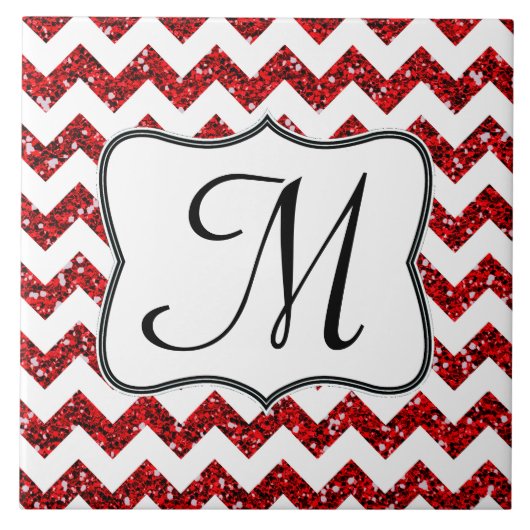Modern Red Glitter Chevron Monogram Display Tile Tegeltje (Voorkant)
