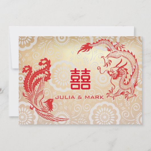 Modern Red Gold Dragon-Phoenix Chinese Wedding Kaart (Voorkant)