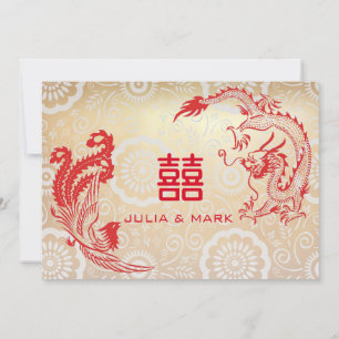 Modern Red Gold Dragon-Phoenix Chinese Wedding Kaart