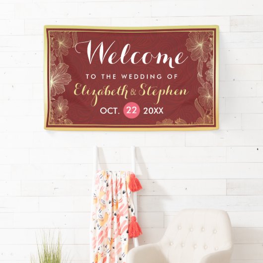 Modern Red Gold Floral Lijst Weddenschap Welkom Spandoek (Insitu)