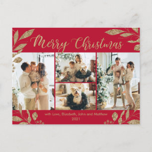 Modern Red Gold Leaves Foto Collage Kerstmis Briefkaart