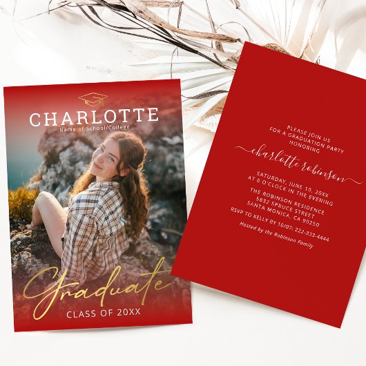 Modern Red Gold Photo Afstuderen Invitation Kaart