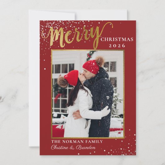 Modern Red Gold Script Merry-kerstfoto Feestdagenkaart (Voorkant)