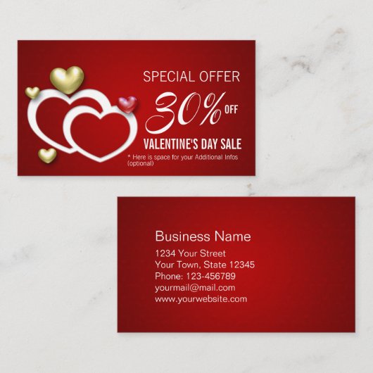 Modern Red Gold Valentijn Hearts Kortingskaartje (Voorkant / Achterkant)
