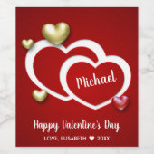 Modern Red Gold Valentijnsdag Hearts Wijn Etiket (Enkel label)