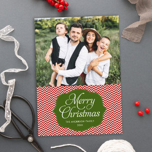 Modern Red Green Chevron kerstkaart
