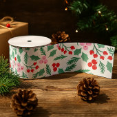 Modern Red & Green Christmas Floral Pattern Grosgrain Lint