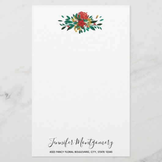 Modern Red Green & Gold KerstFloral Briefpapier (Voorkant)