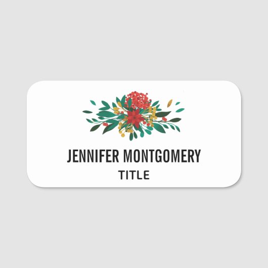 Modern Red Green & Gold KerstFloral Naamplaatje (Voorkant)