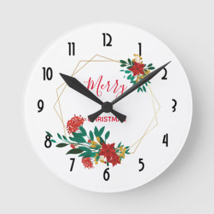 Modern Red Green & Gold KerstFloral Ronde Klok