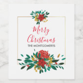 Modern Red Green & Gold KerstFloral Wijn Etiket (Enkel label)