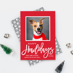 Modern Red Grey Happy Howlidays Puppy Dog Foto Feestdagenkaart
