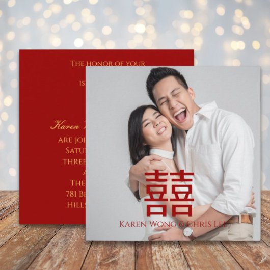 Modern Red Happiness Chinese Wedding Invitation Kaart