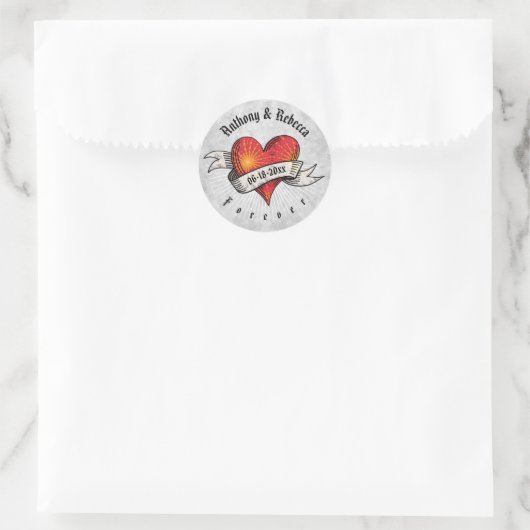 Modern Red Heart Voeg namen en datum toe Ronde Sticker (Tas)