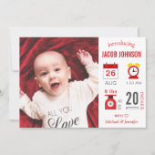 Modern Red Infographic Photo Birth Announcement Aankondiging (Voorkant)