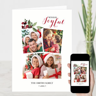 Modern Red JOYFUL Red Berry Greenery Foto Feestdagen Kaart