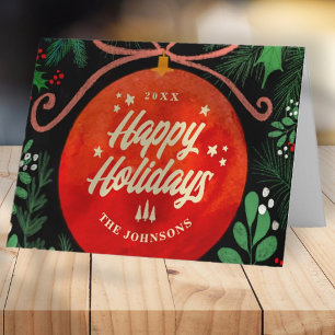 Modern Red Kerstbal Ornament Botanical Feestdagen Kaart