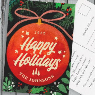 Modern Red Kerstbal Ornament Botanical Feestdagenkaart