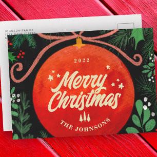 Modern Red Kerstbal Ornament Botanical Feestdagenkaart