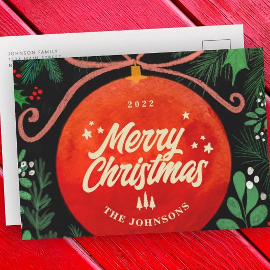 Modern Red Kerstbal Ornament Botanical Feestdagenkaart