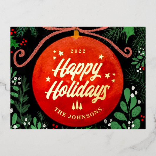 Modern Red Kerstbal Ornament Botanical Folie Feestdagen Briefkaart (Voorkant)