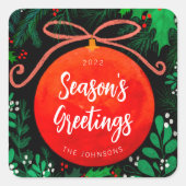 Modern Red Kerstbal Ornament Botanical Vierkante Sticker (Voorkant)