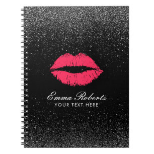 Modern Red Lips Trendy Black Glitter Elegant Notitieboek