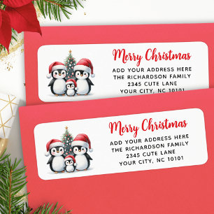 Modern Red Merry Christmas Schattigee pinguïns fam Etiket