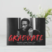 Modern Red Paint Splatter Photo Afstuderen Aankondiging (Staand voorkant)