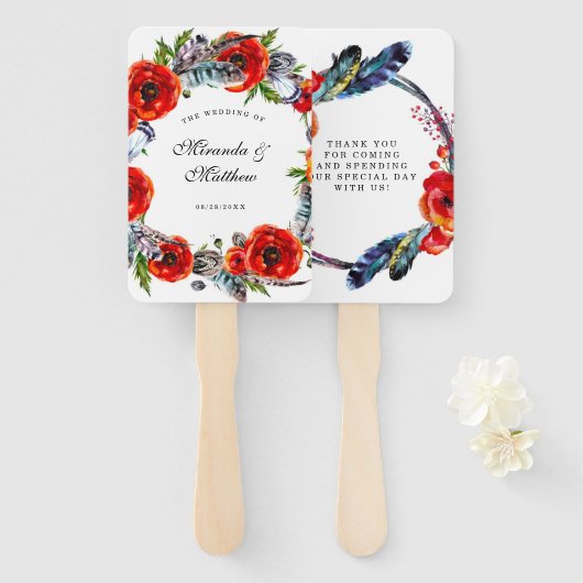 Modern Red Poppy Boho Feathers Weddenschap Bedankt Handwaaier (Voorkant en achterkant)