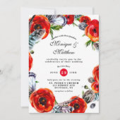 Modern Red Poppy Boho Feathers Wedding Kaart (Voorkant)