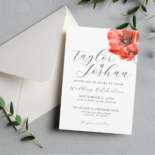 Modern Red Poppy Wedding Invitation Floral Kaart