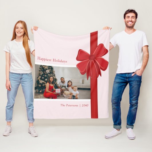 Modern Red Ribbon Bow Wrap Photo Christmas Fleece Deken (In situ)