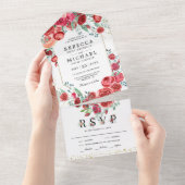 Modern Red Roses Floral Wedding All In One Uitnodiging (Afscheurbaar)
