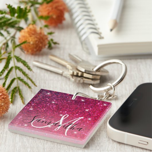 Modern Red & Roze Glitter Sparkles Sleutelhanger (Voorkant Rechts)