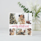 Modern Red Script 4 Photo Collage Kerstmis Feestdagenkaart (Staand voorkant)