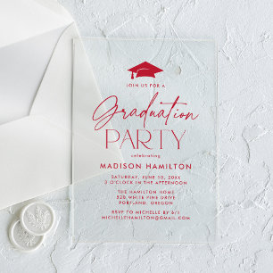 Modern Red Script Graduation Party Acryl Uitnodigingen