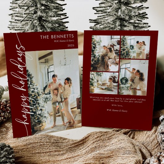 Modern Red Script Happy Holidays Photo Collage Feestdagenkaart