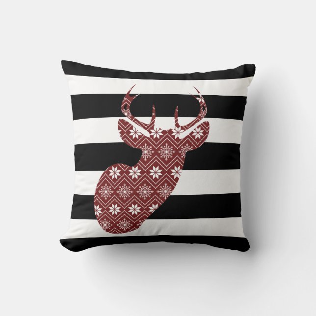 Modern Red Snow Deer Black + White Stripes Kussen (Voorkant)