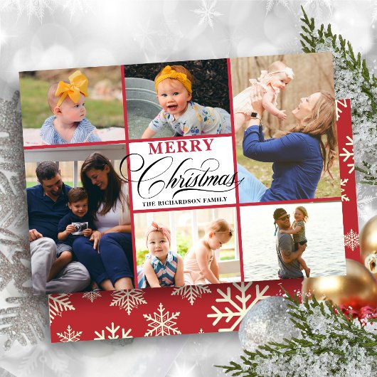 Modern Red Snowflakes Elegant Script Photo Collage Feestdagenkaart