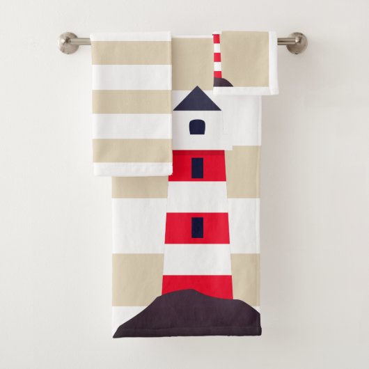Modern Red Striped Lighthouse Bad Handdoek (Insitu)